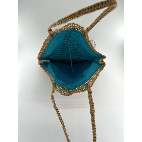Jute Tote Aqua Polyester Fabric Lining With Interior Pocket Wood Button Closure - Picture 3 of 8